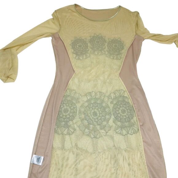 Kora Rae Mesh Beaded Dress Size M Beige Mini Bodycon Long Sleeve Embellished - Picture 8 of 16